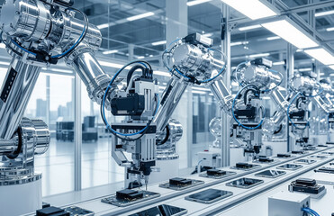 A row of sleek, silver robotic arms with blue lights are meticulously working on a modern production line, assembling electronic components.
