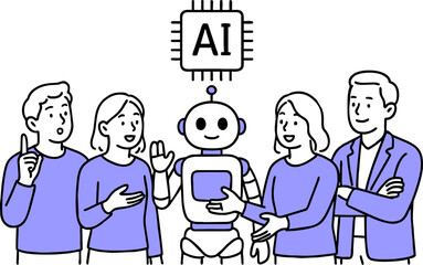 AI chip, Machine learning and man woman. Business team with robot. Flat vector illustration.