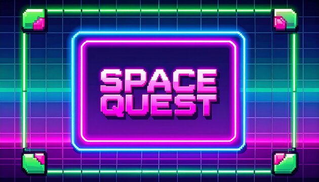 Retro futuristic space quest neon glowing title design concept artwork