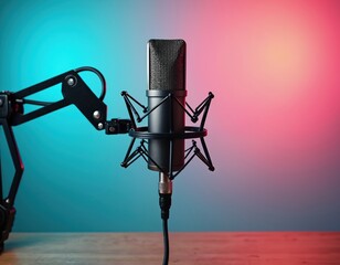 High fidelity condenser microphone on boom arm in studio. Sleek black metal object with mesh detail. Vibrant gradient background with pink, blue, teal colors. Pro audio recording equipment for music,
