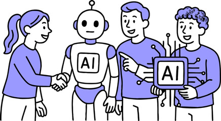 AI chip, Machine learning and man woman. Business team with robot. Flat vector illustration.
