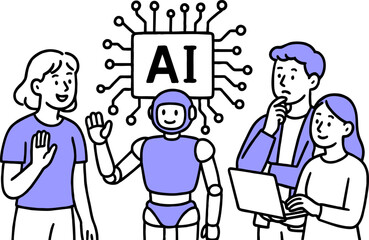 AI chip, Machine learning and man woman. Business team with robot. Flat vector illustration.