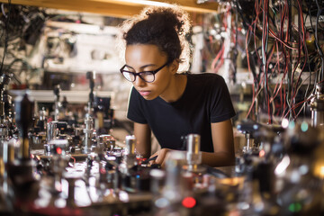 Female school student or apprentice conducting scientific research in a physics laboratory. Girl examining machinery 