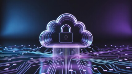 Cloud computing security concept with a cloud and padlock on a circuit board, representing data protection and cybersecurity in a digital world