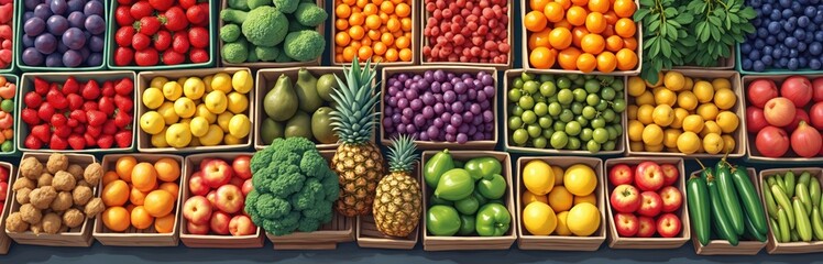 Vibrant illustration of San Francisco farmers market. Boxes filled with fresh fruits vegetables. Strawberries, grapes, apples, oranges, broccoli, pears, lemon, blueberries, pineapple at stall.