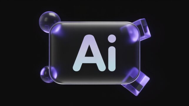 A luminous 3d rendering of the adobe illustrator logo set against a dark backdrop, accented with clear spheres and cubes, creating a contemporary visual