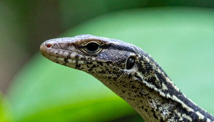Naklejka premium Portrait of an impressive Monitor Lizard staring into the natural green bokeh