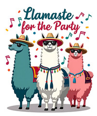 Three stylish llamas wearing hats and sunglasses celebrating with confetti and musical notes transparent background. for print on demand merchandise, t shirt