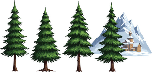 Four tall pine trees near snowy mountain village, winter alpine scene, snow-covered peaks, cozy houses, evergreen forest, cold season nature