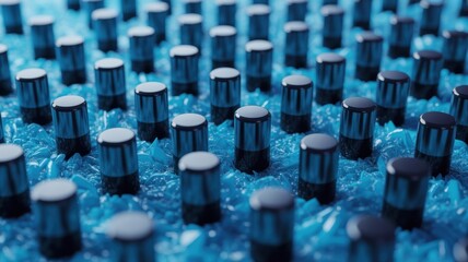 Abstract closeup of metal cylinders standing on a blue surface, creating a textured and industrial background with a sense of depth and repetition