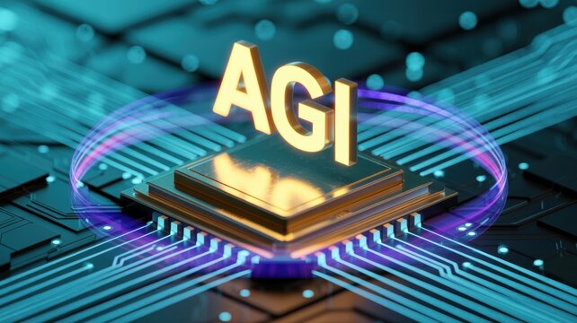 Agi artificial general intelligence cpu chip processor with glowing neon light, future technology and machine learning concept