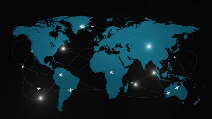 Global air traffic map with airplane icons and flight paths, illustrating international travel and connectivity across the world
