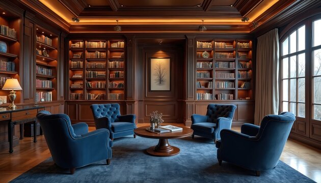 Luxurious home library interior with floor-to-ceiling bookshelves filled with books. Plush blue armchairs surround wooden coffee table. Elegant, cozy reading room design with warm lighting, classic