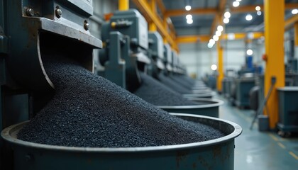 Industrial illustration shows automated rubber mixing machines blending natural, synthetic rubber compounds for manufacturing. Heavy equipment processes raw material in factory workshop, ensuring