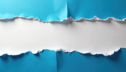 Fototapeta premium Torn blue paper with white background, creating space for text design. Ripped edges provide grunge aesthetic. Perfect for creative projects, abstract concepts, web design, marketing materials,