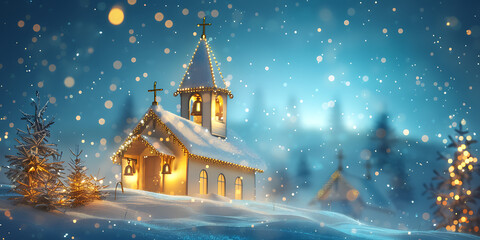 Fototapeta premium Snowy Church with Lit Christmas Trees Under Bokeh Night Sky