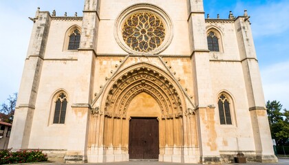 Fototapeta premium Facade of a light beige church with ornate archways and a large round window