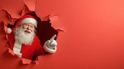 Santa Claus jumping through torn paper on red background, points his hand to empty place of copy space background. Xmas copy space