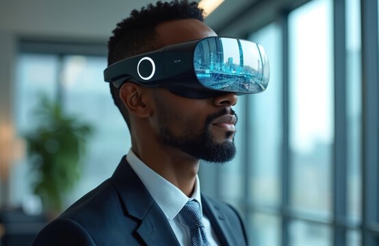 Black man wears futuristic smart glasses in modern office setting. Augmented reality experience with digital interface. Businessman in suit uses VR headset technology, explores innovative digital