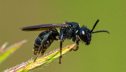 Fototapeta premium Close-up of a black and dark-brown insect on a plant stem