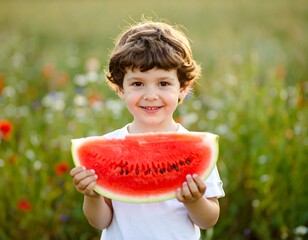 Child eating watermelon in a field