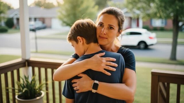 Caring Caucasian mother embraces her pre-teen son on a suburban home porch during golden hour, offering comfort and support.