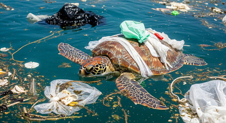 Sea turtle entangled in plastic litter on an ocean floor, marine pollution crisis, environmental damage concept for documentary footage.