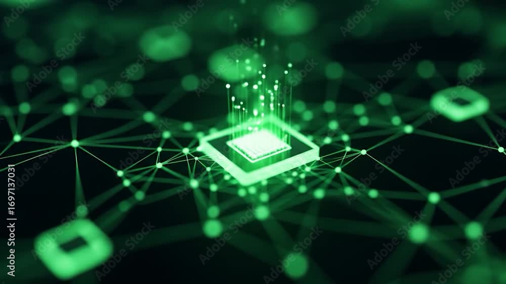 Wall mural glowing green processor: data transfer and network connection in technological advancement