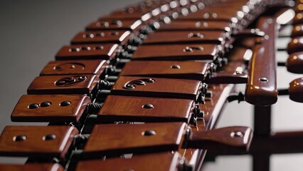 A close-up of a marimba, featuring wooden bars arranged in a chromatic order, with tuning pegs and strings visible.