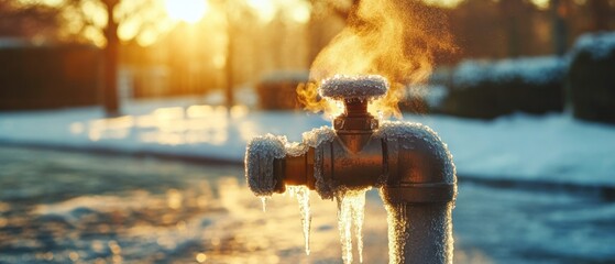 Frozen pipe valve at sunset steam ice and winter landscape
