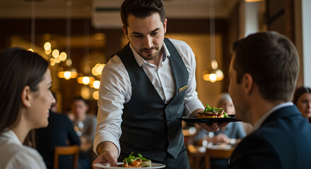 Male waiter serving fine dining meals to a man and woman at a restaurant table. Professional hospitality service concept.