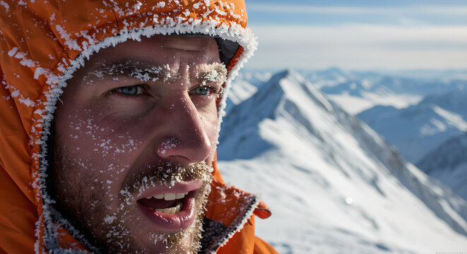 Man face covered with ice and snow during frozen mountaineering expedition in cold mountain winter. Survival in extreme conditions. - Powered by Adobe