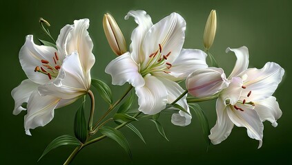 Fototapeta premium Delicate white lilies, meticulously detailed and exquisitely colored, are showcased against a verdant backdrop, evoking a sense of serenity and floral elegance.