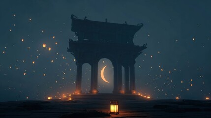Mystical Asian Pagoda at Night with Lanterns and Crescent Moon Portal