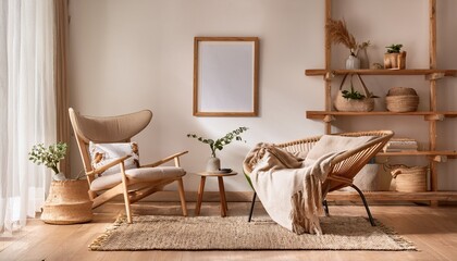 cozy and inviting farmhouse living room with a mockup frame sheer linen curtains patterned area rug vintage armchair and floating wood shelves a tranquil and stylish 3d rendered scene