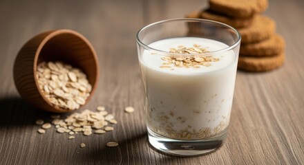 verre de k&eacute;fir avec flocons d&rsquo;avoine sur table en bois, concept de nutrition saine et de diff&eacute;rents r&eacute;gimes
