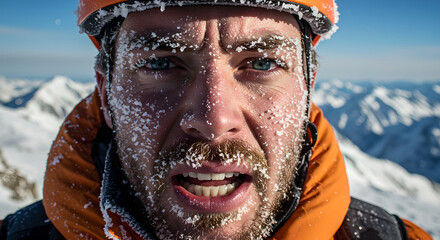 Man face covered in frost and ice, close up. Hiker in deep winter conditions. Extreme weather on mountain peak.