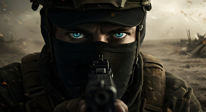 Male soldier with piercing blue eyes and balaclava holding a gun. Military engagement and combat. War and conflict concept.