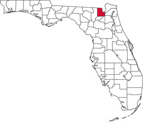 A vector map of Florida highlighting Baker County. Ideal for geographical studies, regional reports, and data visualization projects.

