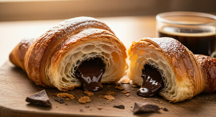 Close-up of a pastry croissant cut in half, placed on a wooden surface. The foreground features the freshly baked croissant with a rich, chocolate filling oozing out.