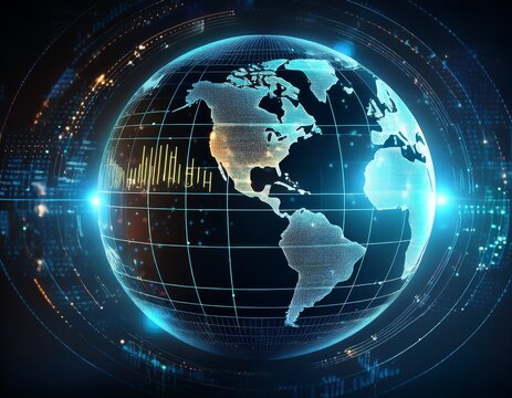 abstract digital globe with glowing data and financial information overlay