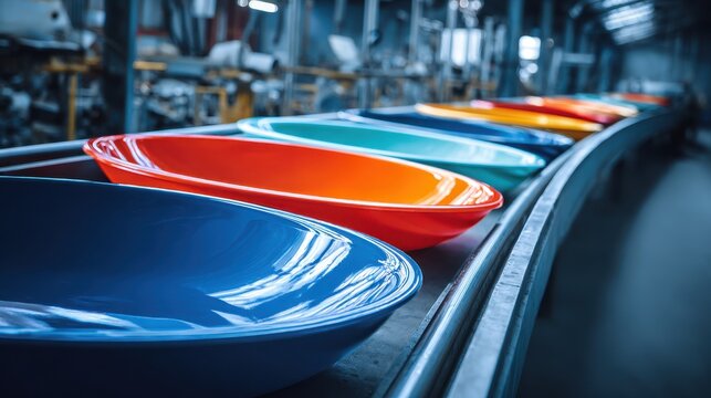 Shot highlighting freshly molded plastic parts with vivid colors in sharp focus supported by a blurred industrial workshop backdrop emphasizing precision manufacturing.