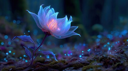 Enchanting bioluminescent flower glowing amidst ethereal forest ambiance and soft light