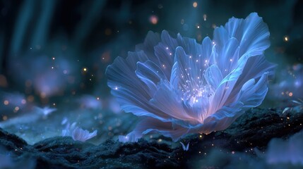 Enchanting blue floral fantasy scene with glittering particles and soft lighting