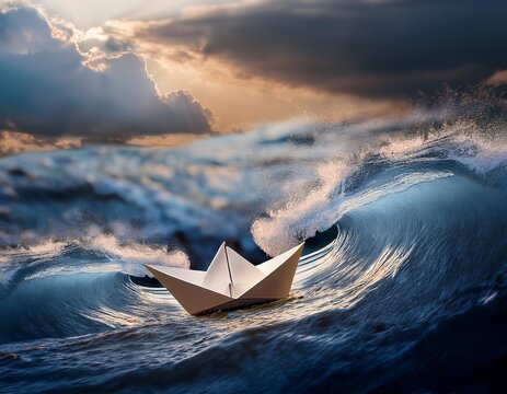 a miniature paper boat crafted from fragile paper valiantly navigates the turbulent waters of a raging sea its fate hanging precariously in the balance of the storm