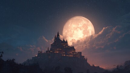 Enchanting Castle Silhouette: A Majestic Structure Under the Light of the Moon