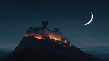 Majestic Medieval Castle Silhouetted Under a Crescent Moon at Night