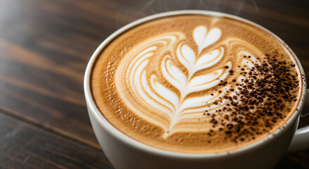 Close-up view of a cup of coffee, specifically a latte, featuring an intricate latte art on its surface, forming a floral or heart-shaped pattern made with steamed milk.