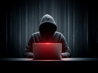 Hooded person in dark room using laptop with red light and binary background. Concept of hacking and cyber threat.