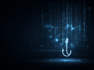 Phishing attack uses hook to lure victims through digital code and network breach.
